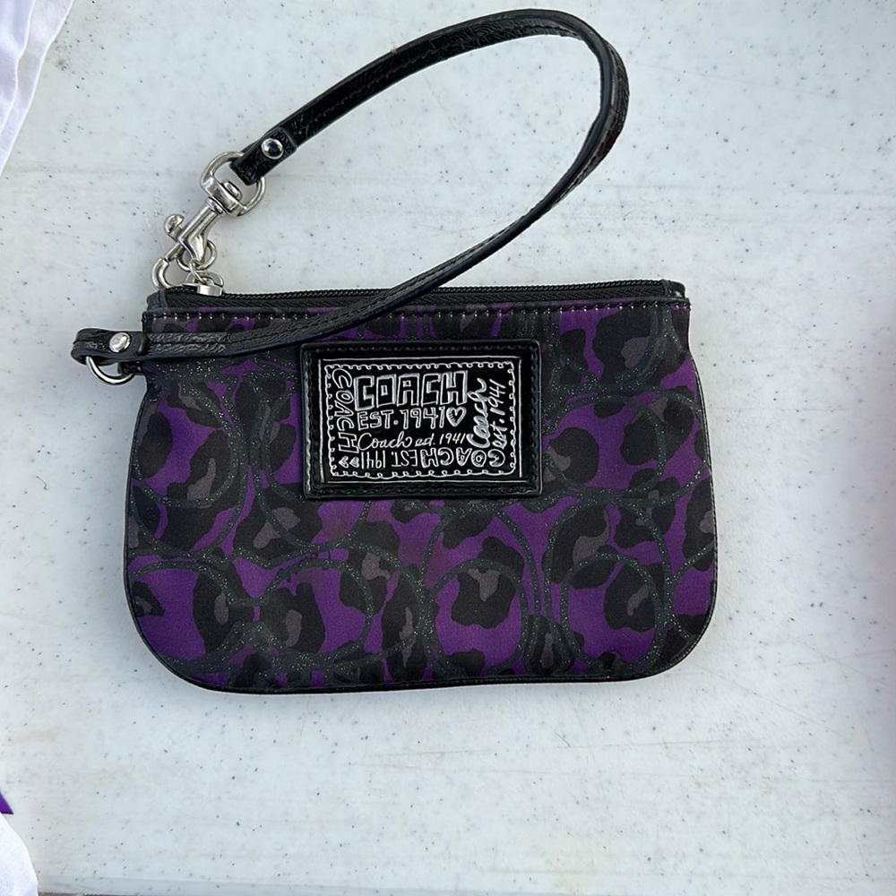 Purple and black leopard Coach coin wallet wristlet
